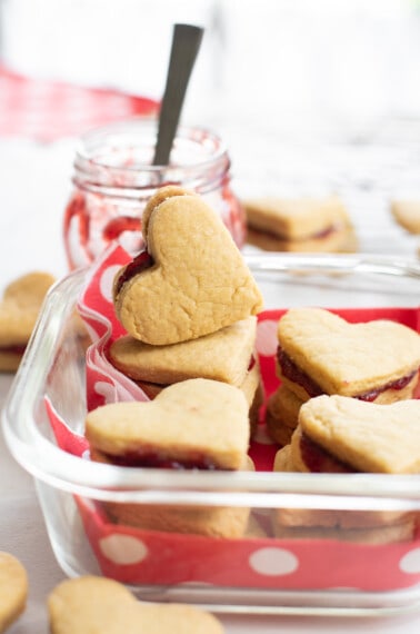 Jam-filled heart-shaped Valentine's Day cookies.