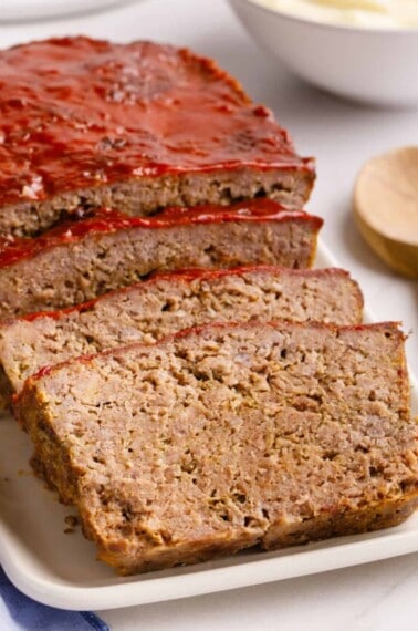 Sliced homemade Cracker Barrel meatloaf.