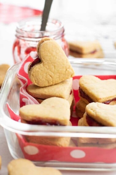 Jam-filled heart-shaped Valentine's Day cookies.