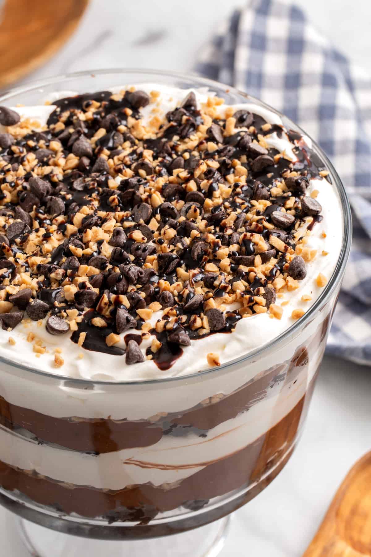 close up image of death by chocolate in a glass trifle. 