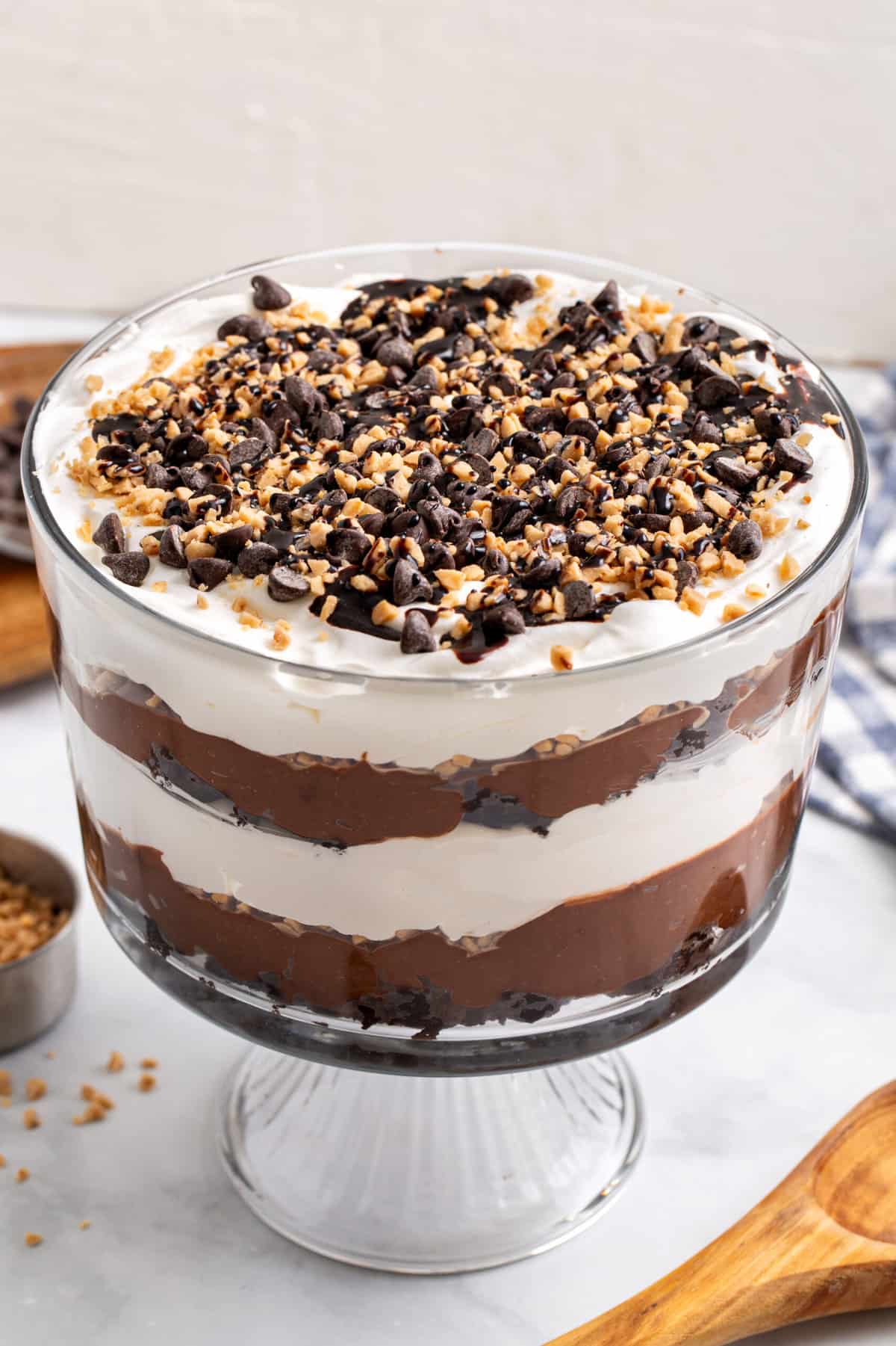 close up image of layered death by chocolate in a glass trifle. 