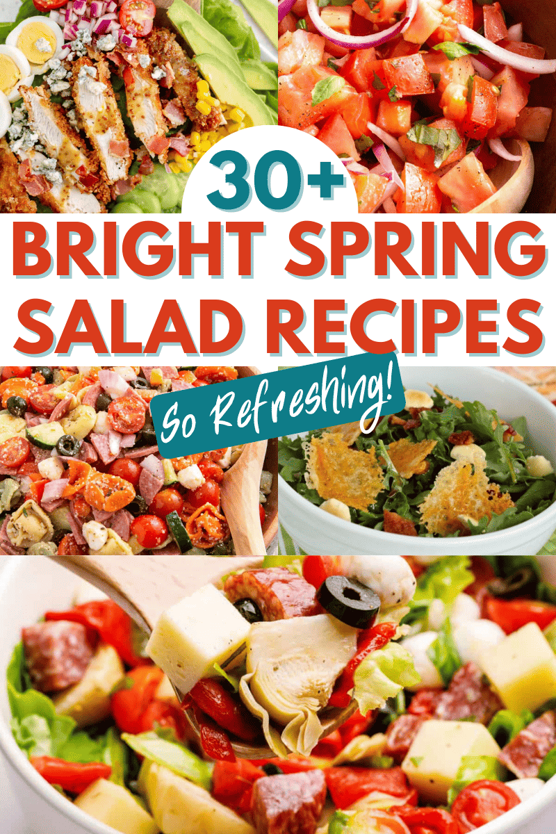 six collage images showing bright and refreshing spring salad recipes. 
