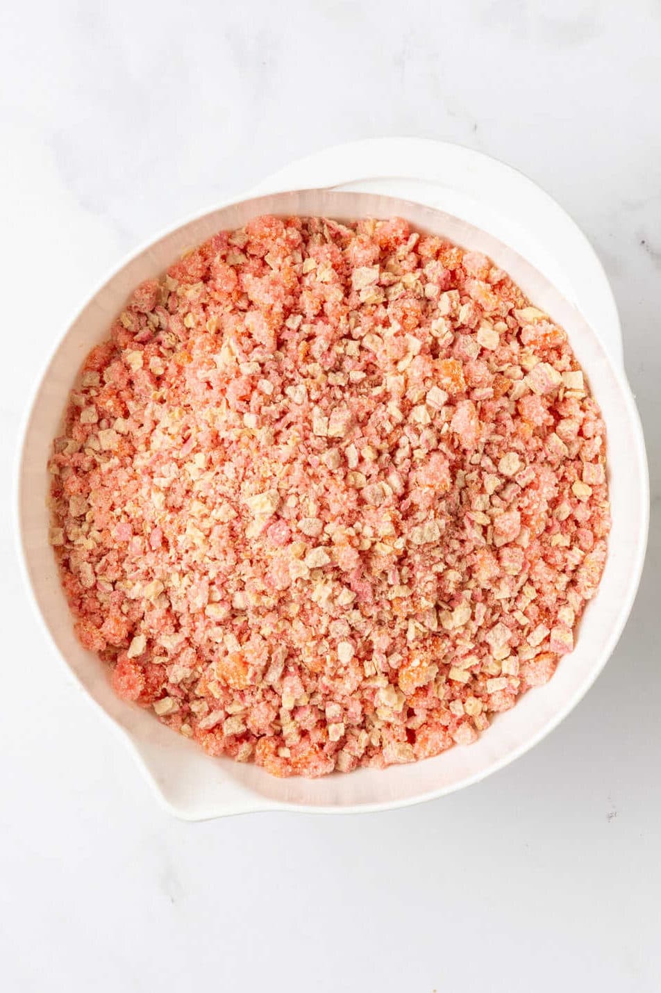 strawberry shortcake crumble in a large group bowl. 