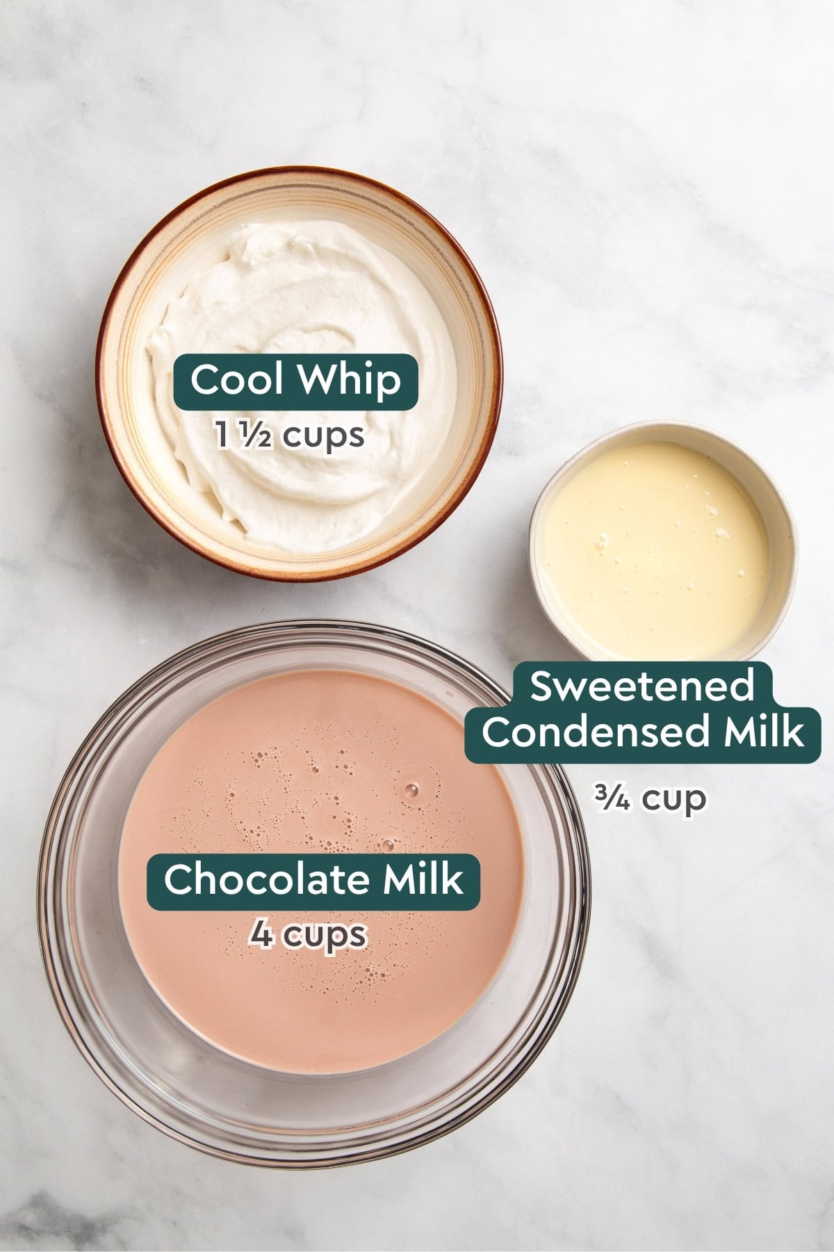 Ingredients for homemade Wendy's frosty, including Cool Whip, condensed milk, and chocolate milk.