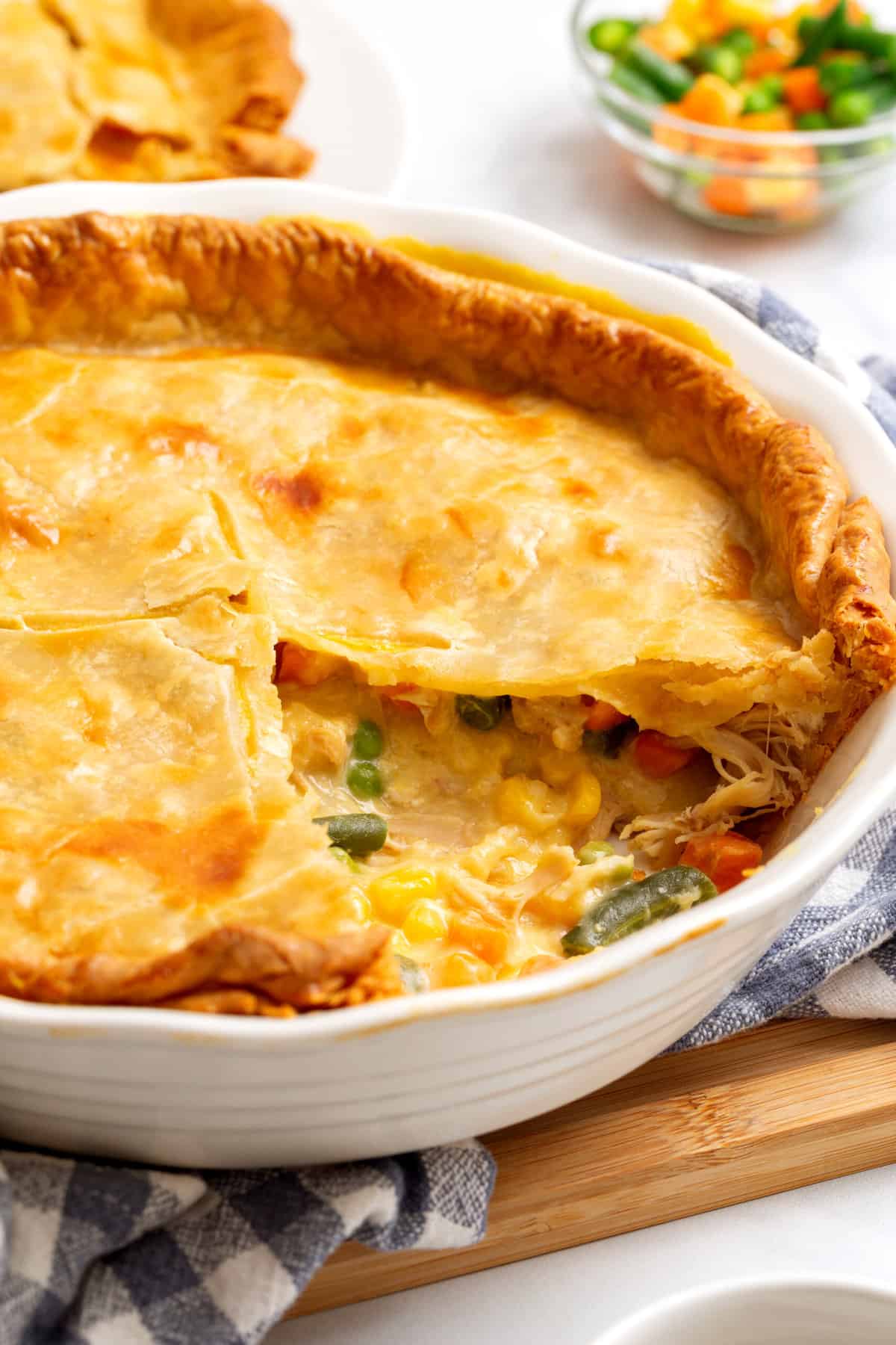 close up image of campbell's chicken pot pie. 