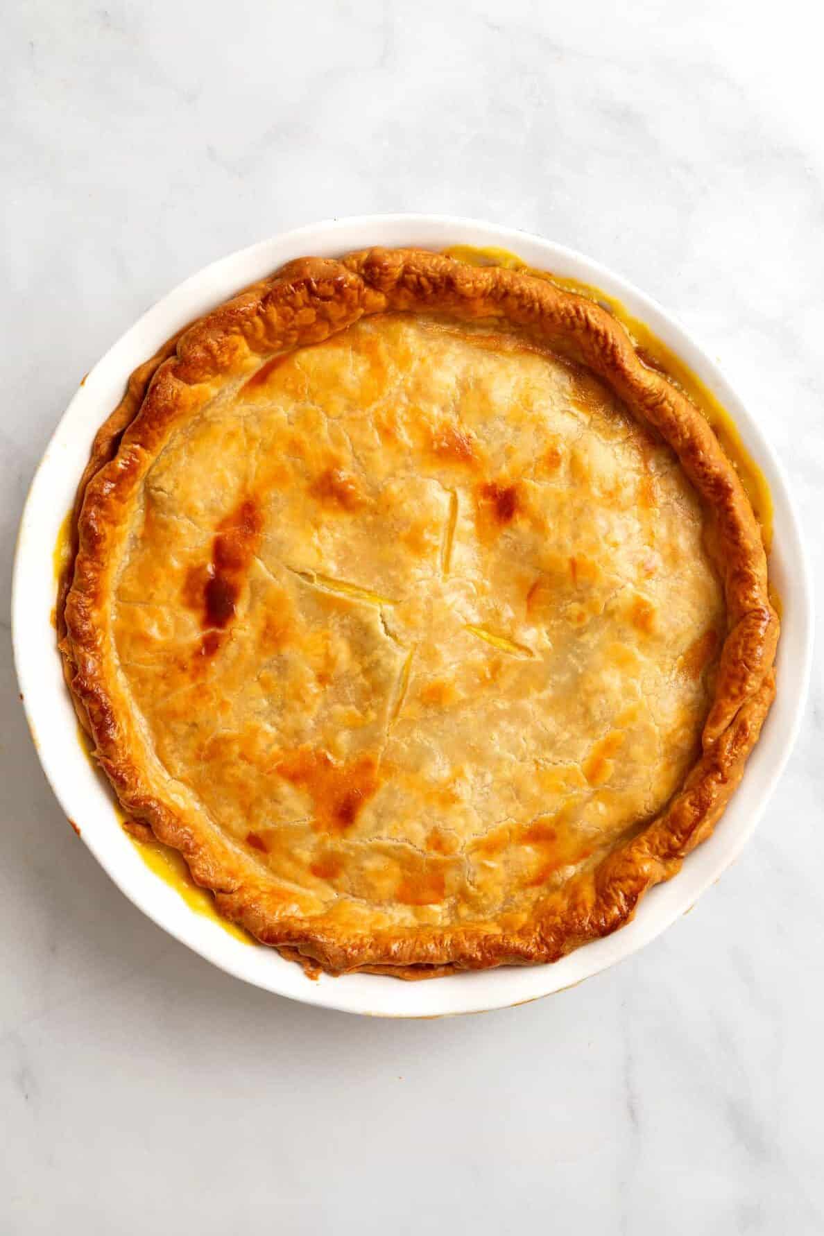 top down image of baked campbell's chicken pot pie. 