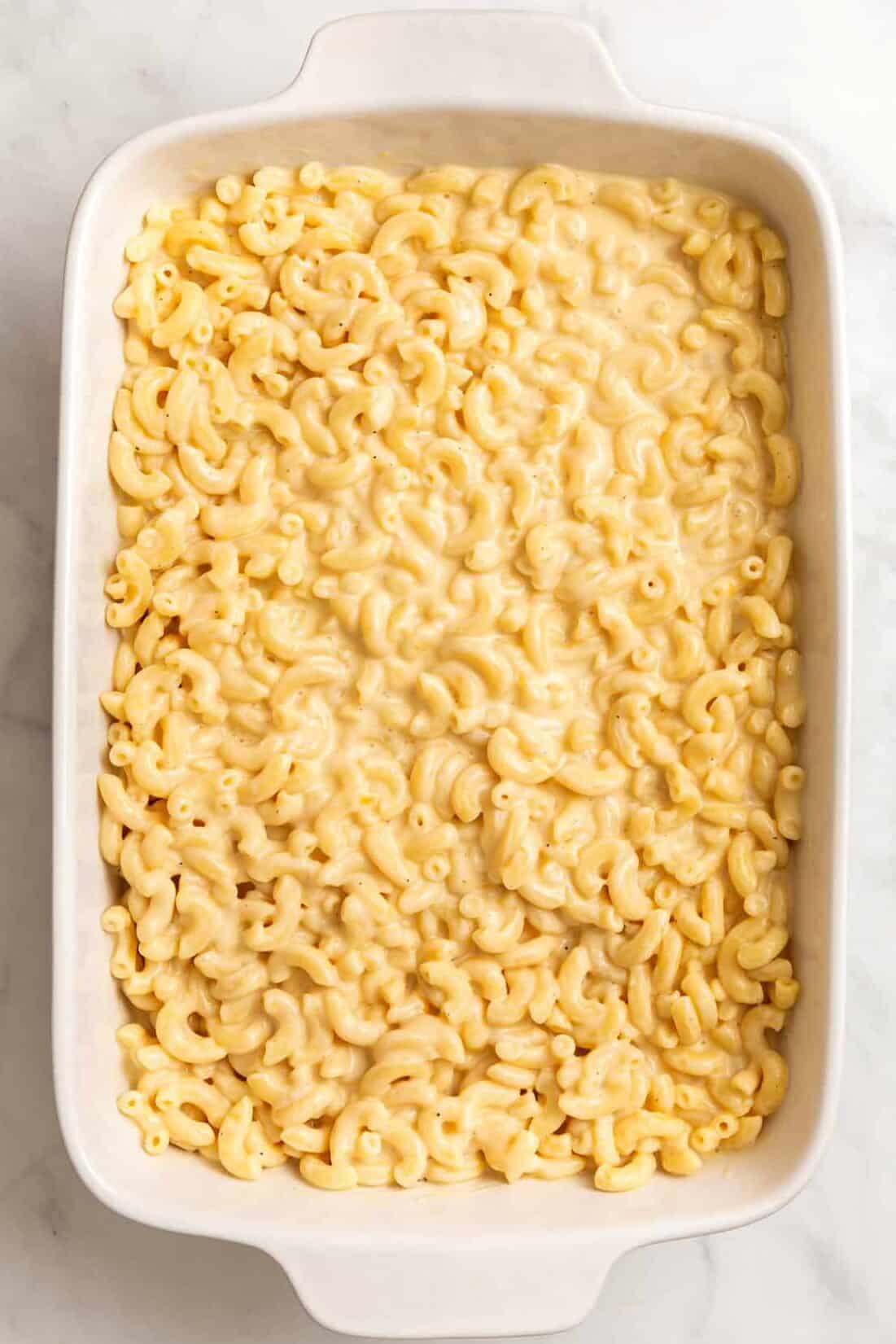 top down image of a large 9x13 inch casserole of cracker barrel mac and cheese.