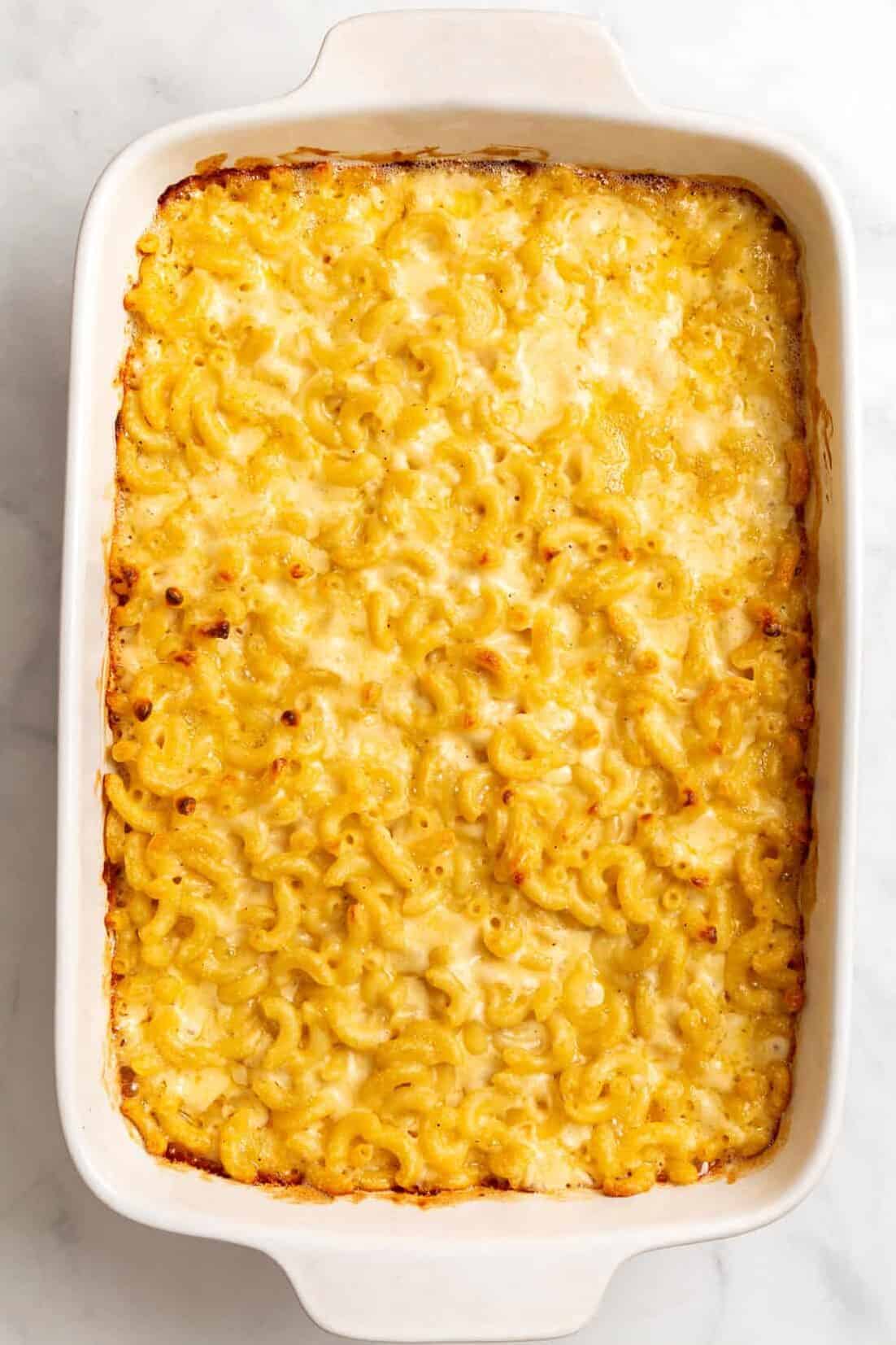 top down image of a large 9x13 inch casserole of cracker barrel mac and cheese.