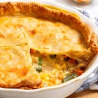 Campbell's chicken pot pie with a slice missing.