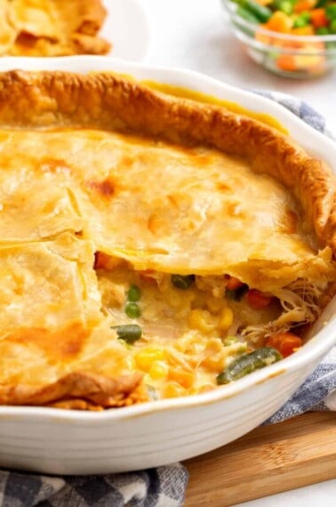 Campbell's chicken pot pie with a slice missing.