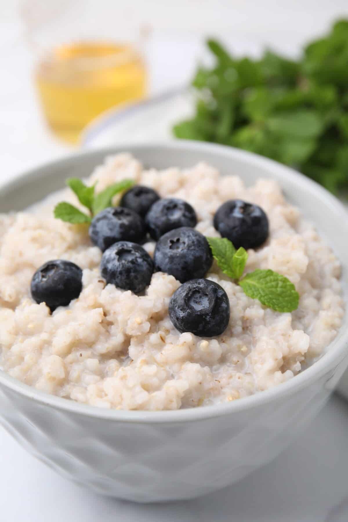 A bowl of oatmeal topped with blueberries.