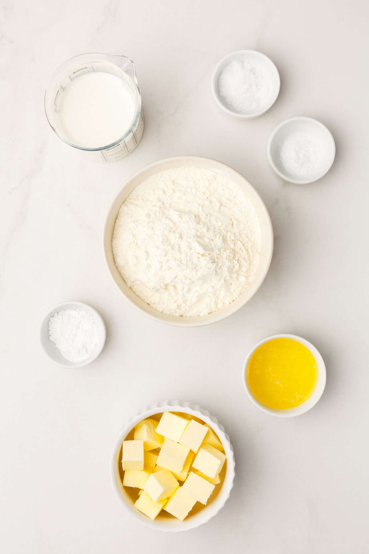 Ingredients to make homemade Popeyes biscuit recipe.