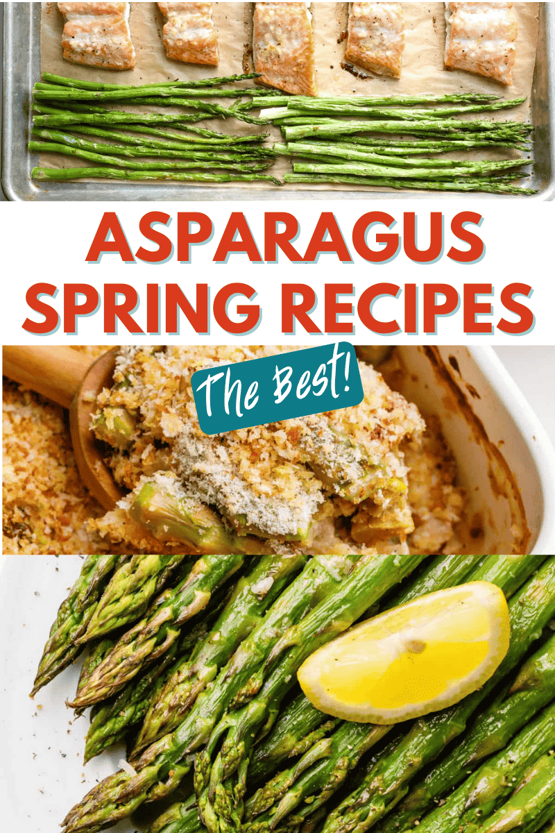collage image of spring asparagus recipes. 