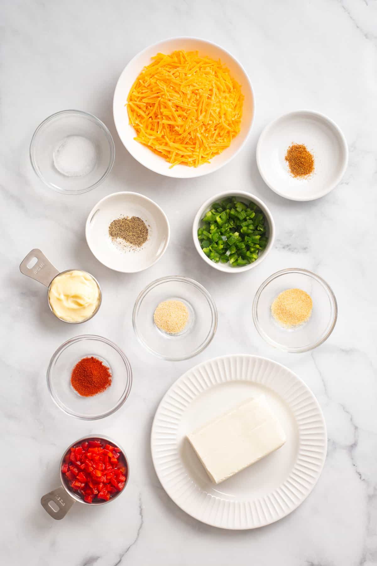ingredients to make pimento cheese dip.
