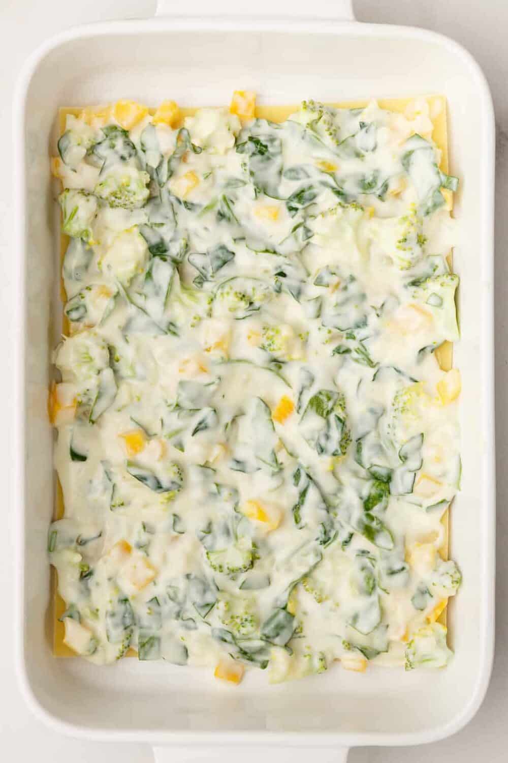 Top down image of a 9 x 13 casserole dish with vegetable lasagna filling and pasta layers.