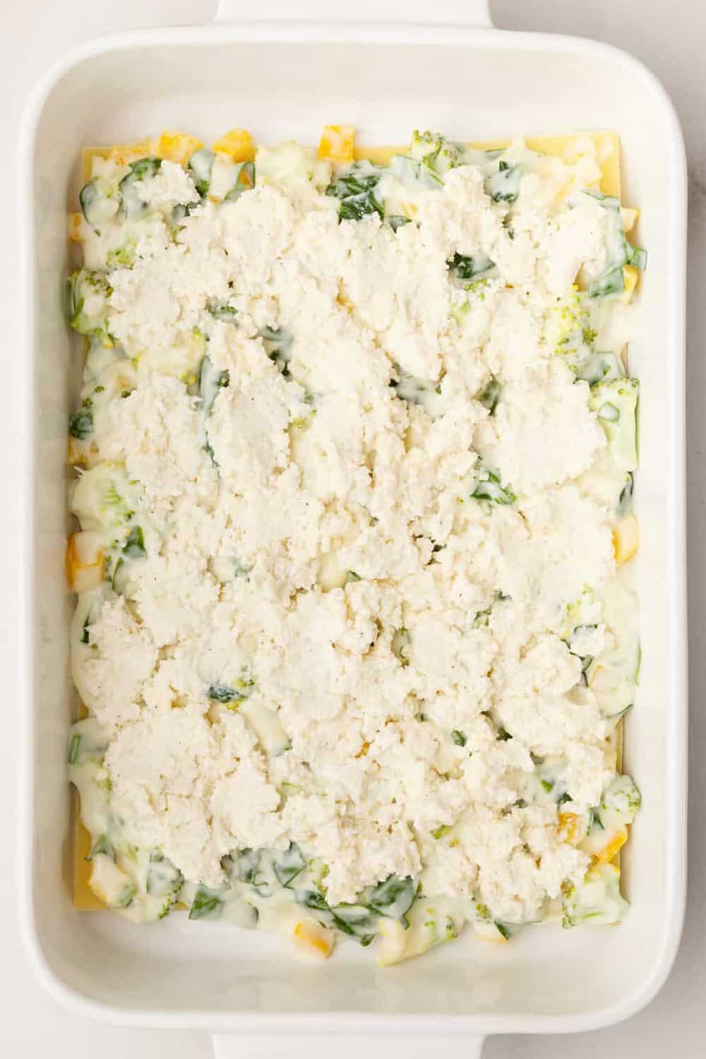 Top down image of a 9 x 13 casserole dish with vegetable lasagna filling and pasta layers.