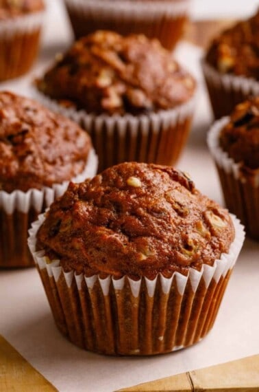 Morning glory muffins in paper liners.