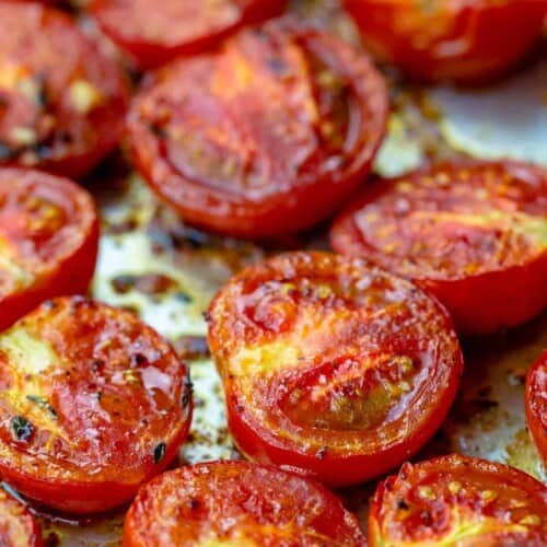 fresh oven roasted tomatoes on a tray