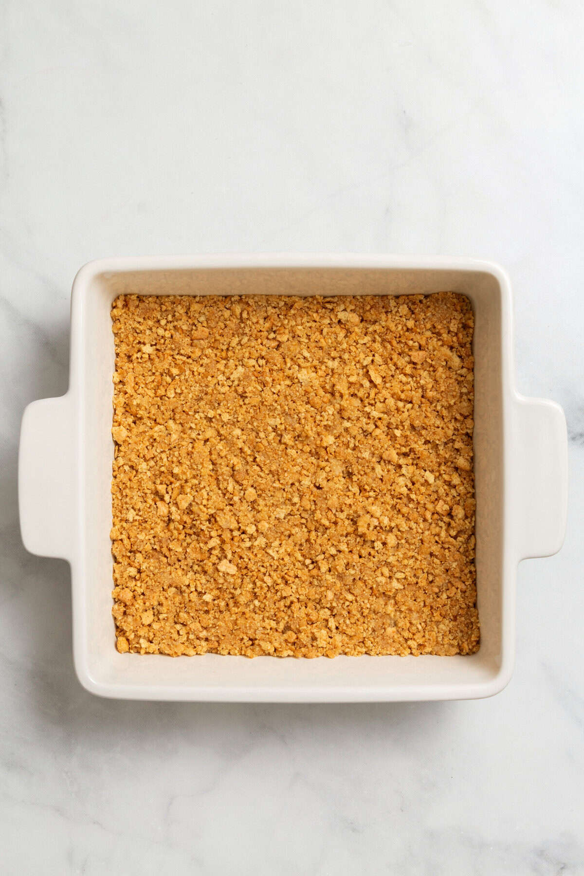 Graham cracker crust in baking dish.