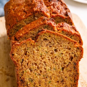 Banana zucchini bread with two slices cut.