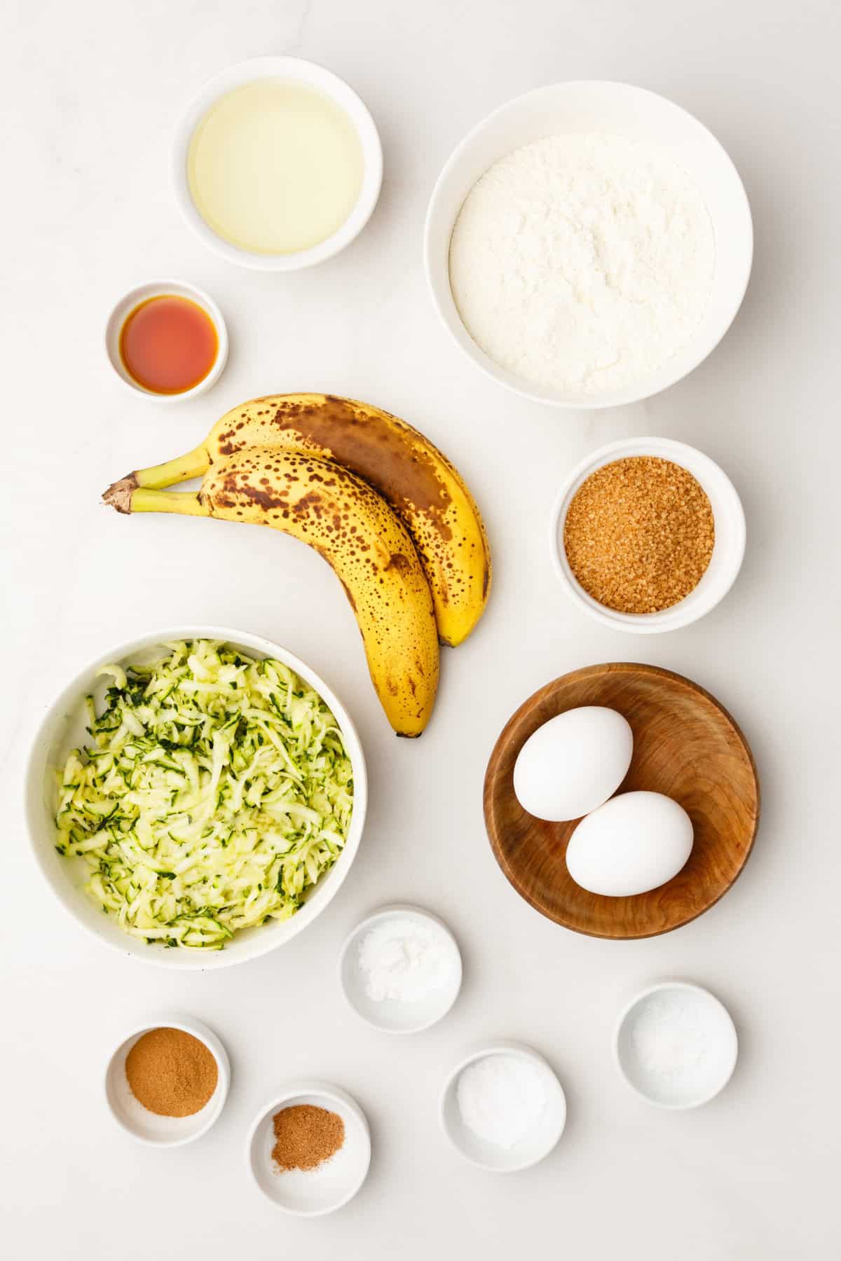 ingredients needed to make zucchini banana bread from scratch.