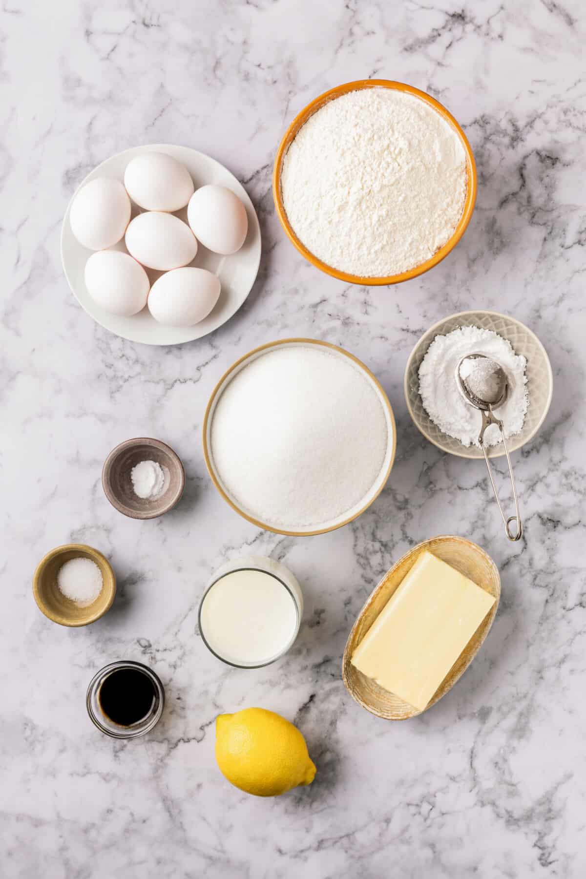 ingredients needed to make buttermilk pound cake from scratch.