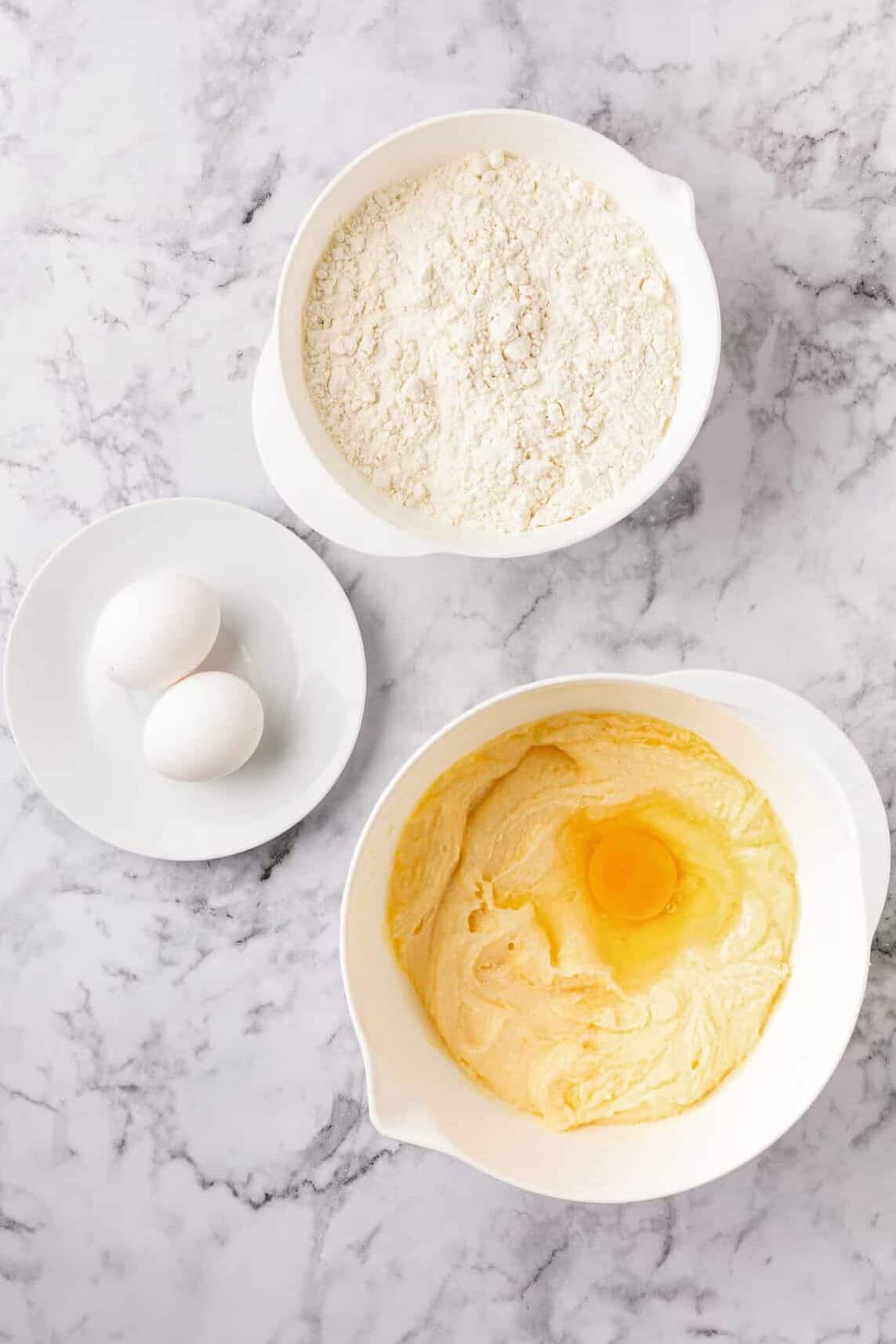 mixing the egg and flour into the rest of the wet ingredients. 
