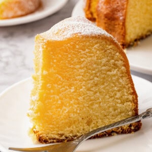 A slice of buttermilk pound cake on a plate.