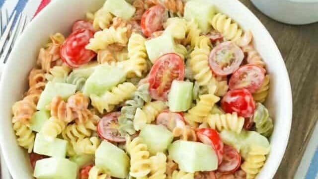A bowl of pasta salad. 