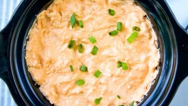 A crockpot full of healthy buffalo chicken dip. 