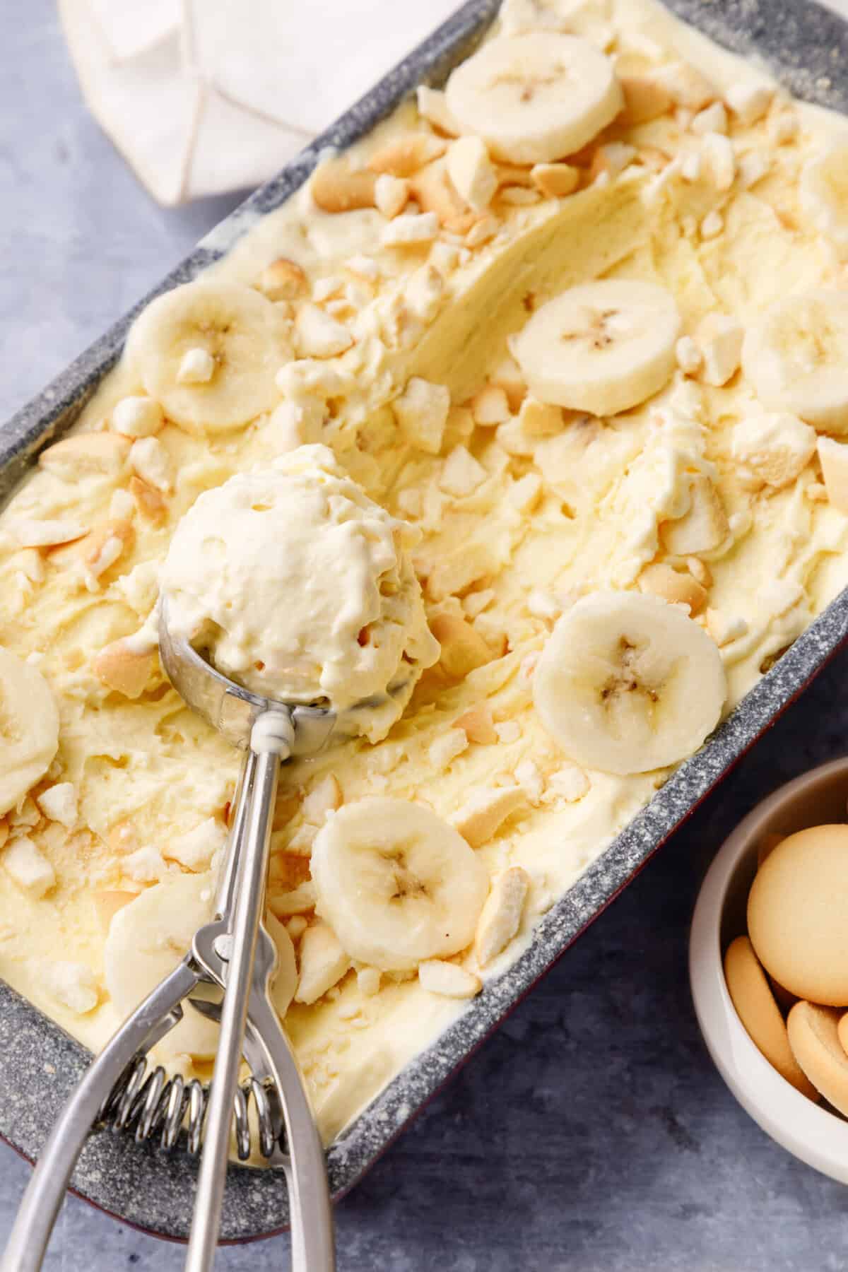 Top down image of a baking loaf with no churn banana pudding ice cream.