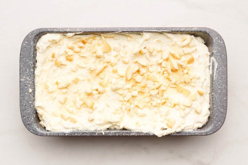 No churn banana pudding ice cream in a loaf pan.
