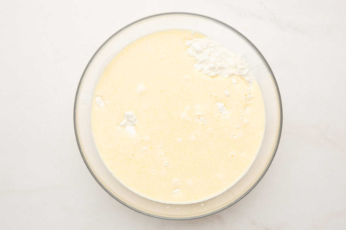 dry and wet ingredients mixed together for Cracker Barrel pancakes. 