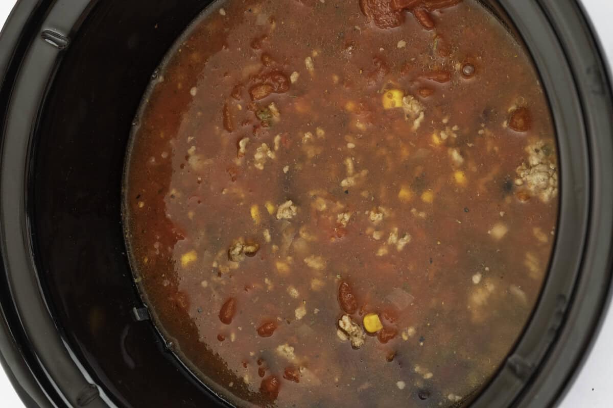 Taco soup in a slow cooker bowl.