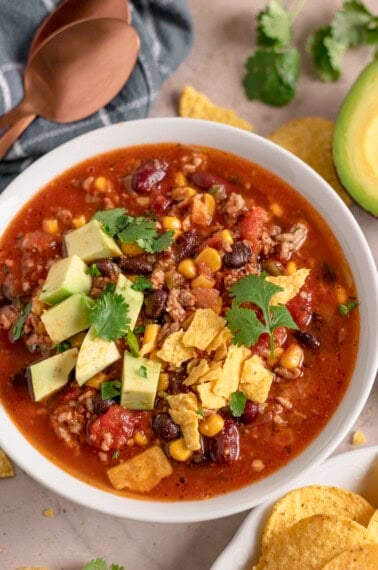 Slow cooker taco soup with avocado.