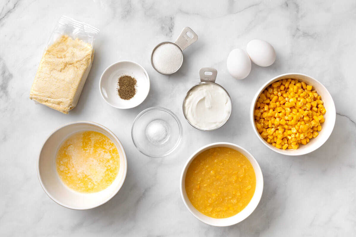 aerial view of corn souffle ingredients.