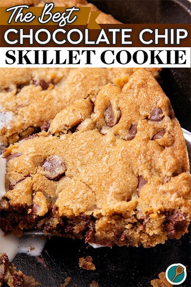 Chocolate chip skillet cookie Pinterest graphic. 