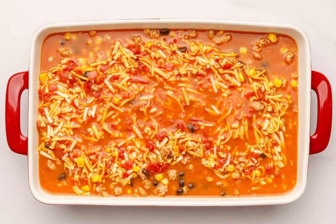 Mexican Breakfast Casserole Mexican Breakfast Casserole ready to go in the oven.