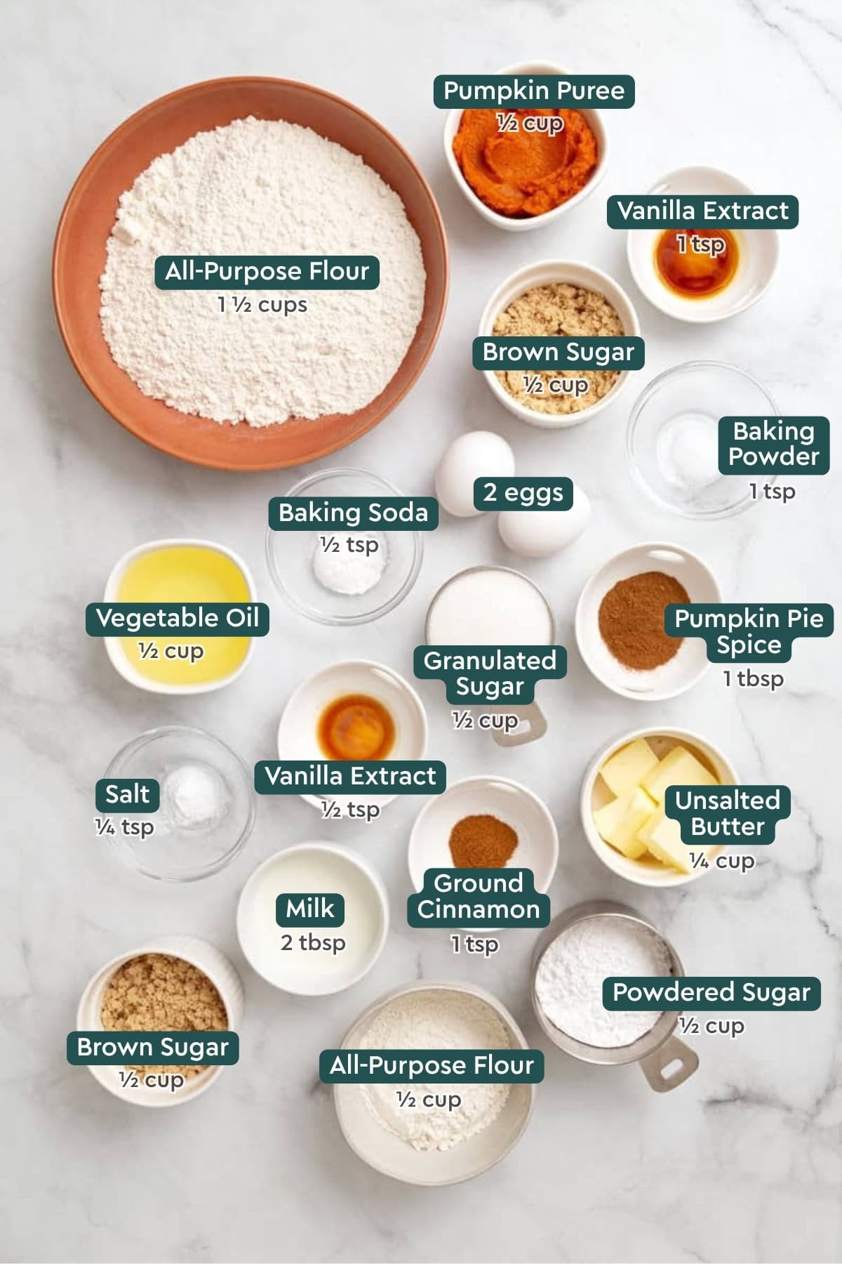 Ingredients for pumpkin coffee cake: flour, pumpkin, vanilla, sugar, baking powder, baking soda, eggs, spices, butter, oil, milk.