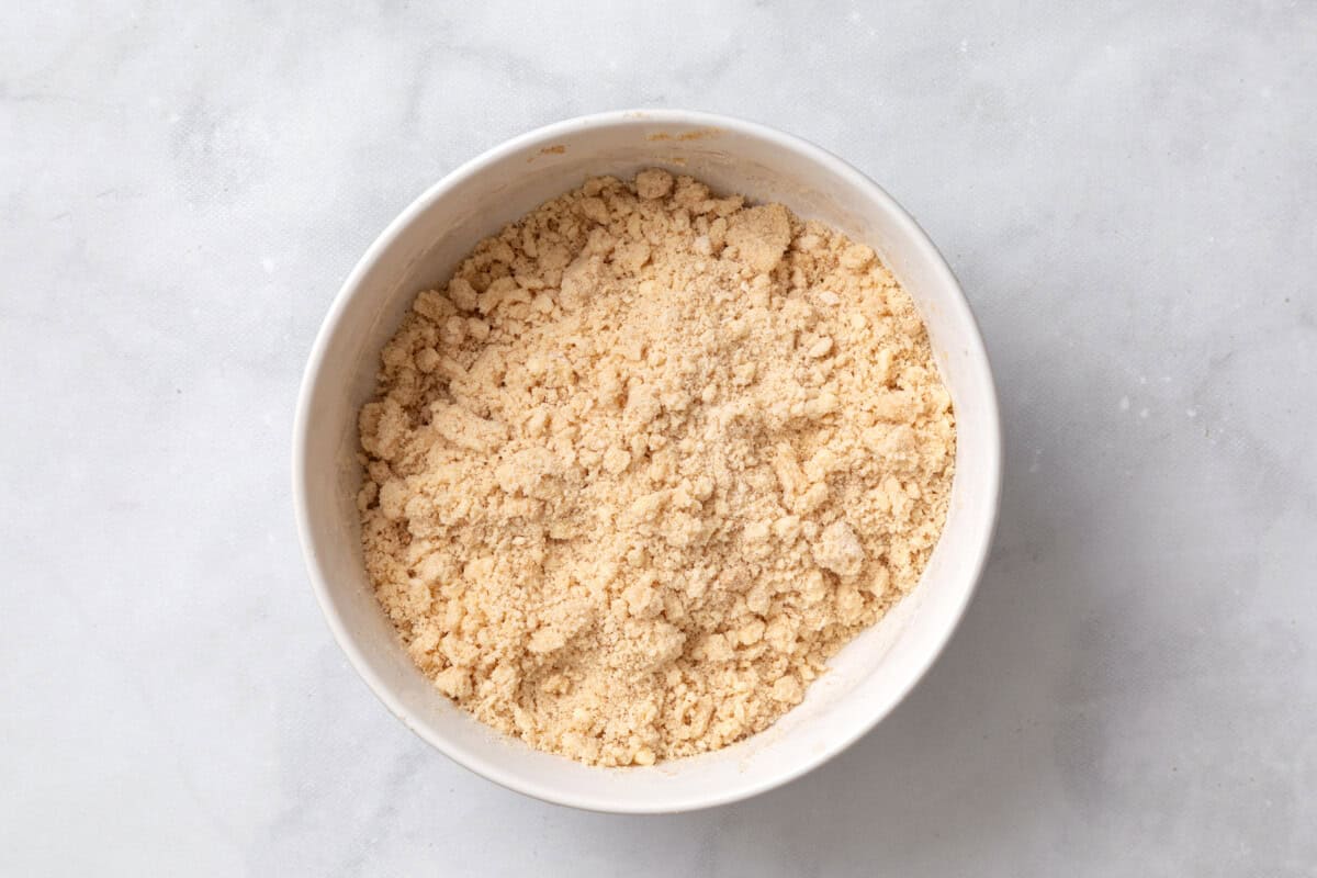 Coffee cake crumb topping in bowl.