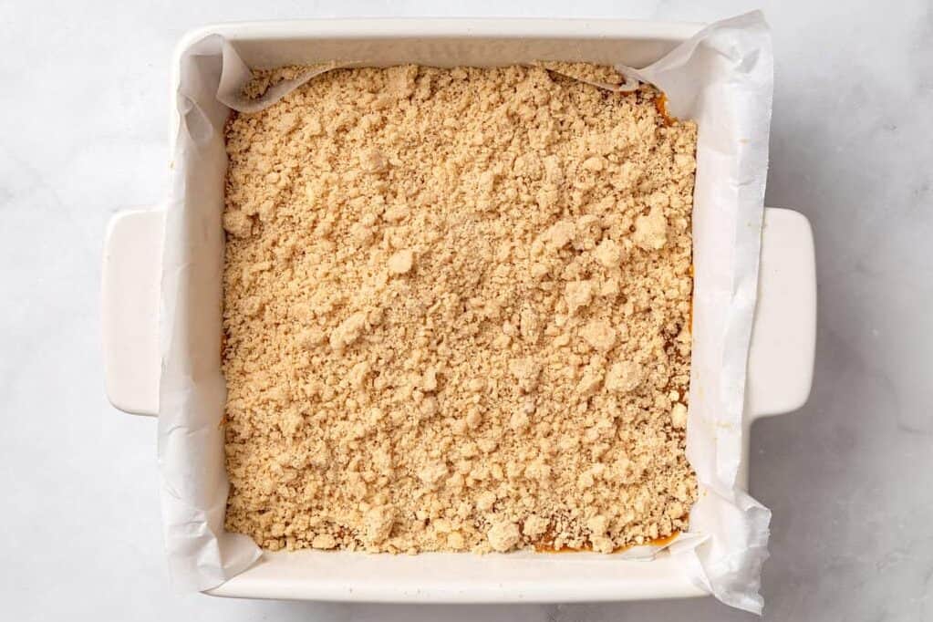 Coffee cake with crumb topping unbaked.