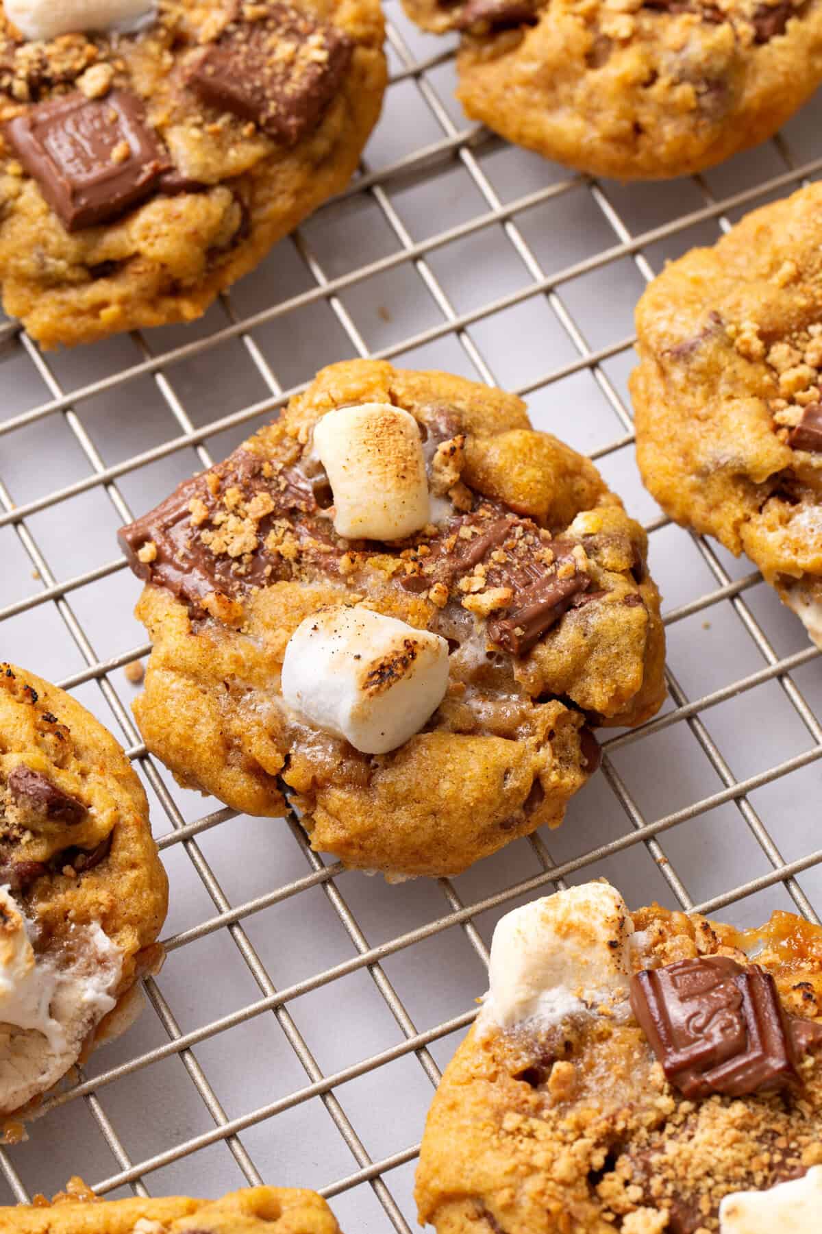 pumpkin s'more cookie HomemadePumpkin S'mores Cookies on a cooling rack.