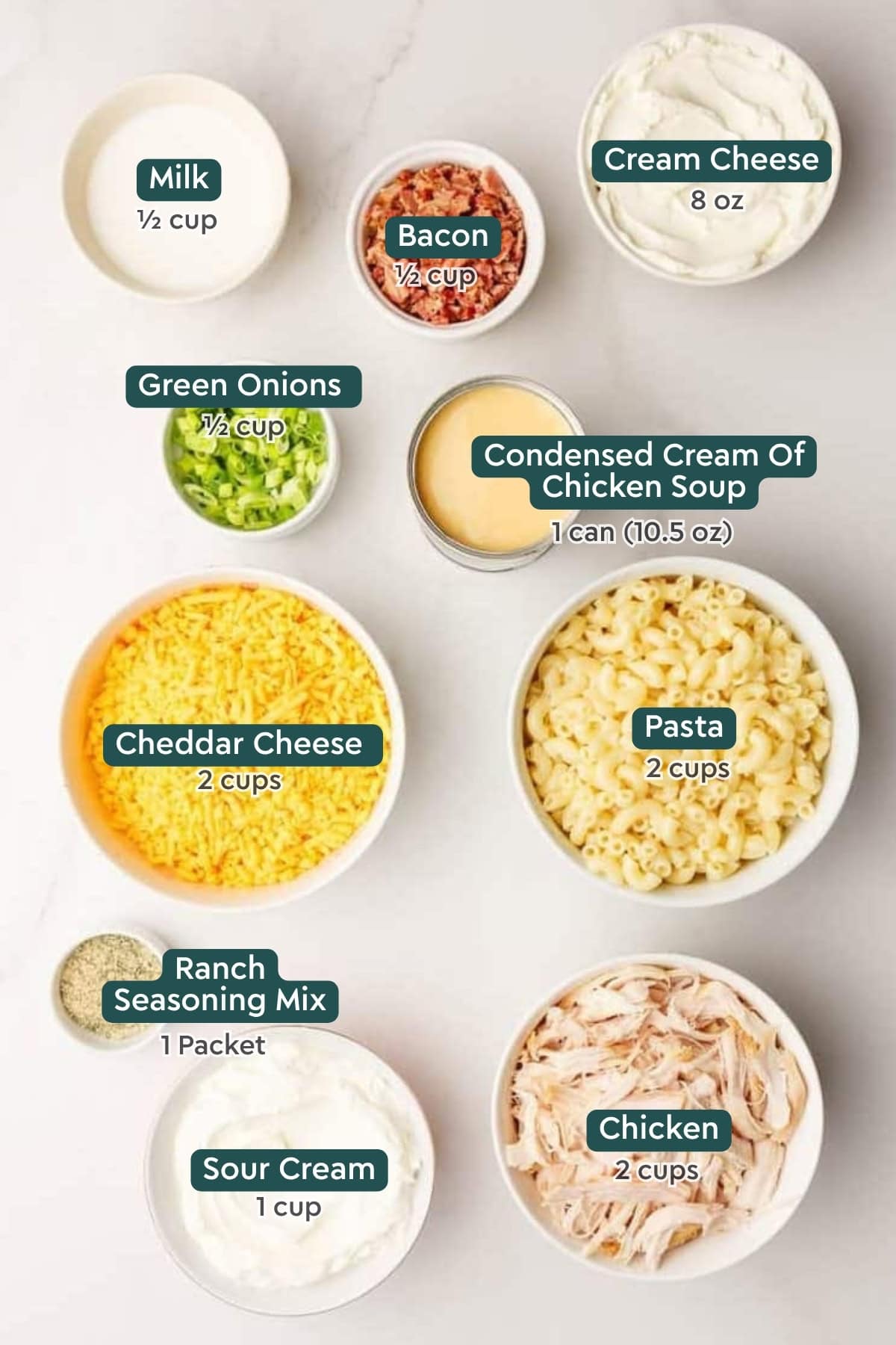 Ingredients for crack chicken casserole: milk, cream cheese, bacon, green onions, cream of chicken soup, cheddar, pasta, ranch seasoning, sour cream, and chicken.
