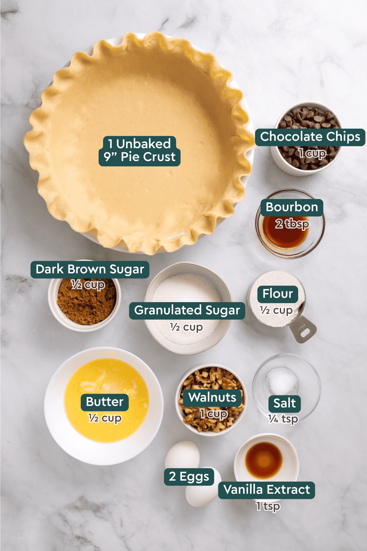 Ingredients for Kentucky derby pie, including pie crust, chocolate, bourbon, sugar, flour, butter, nuts, salt, eggs, vanilla.