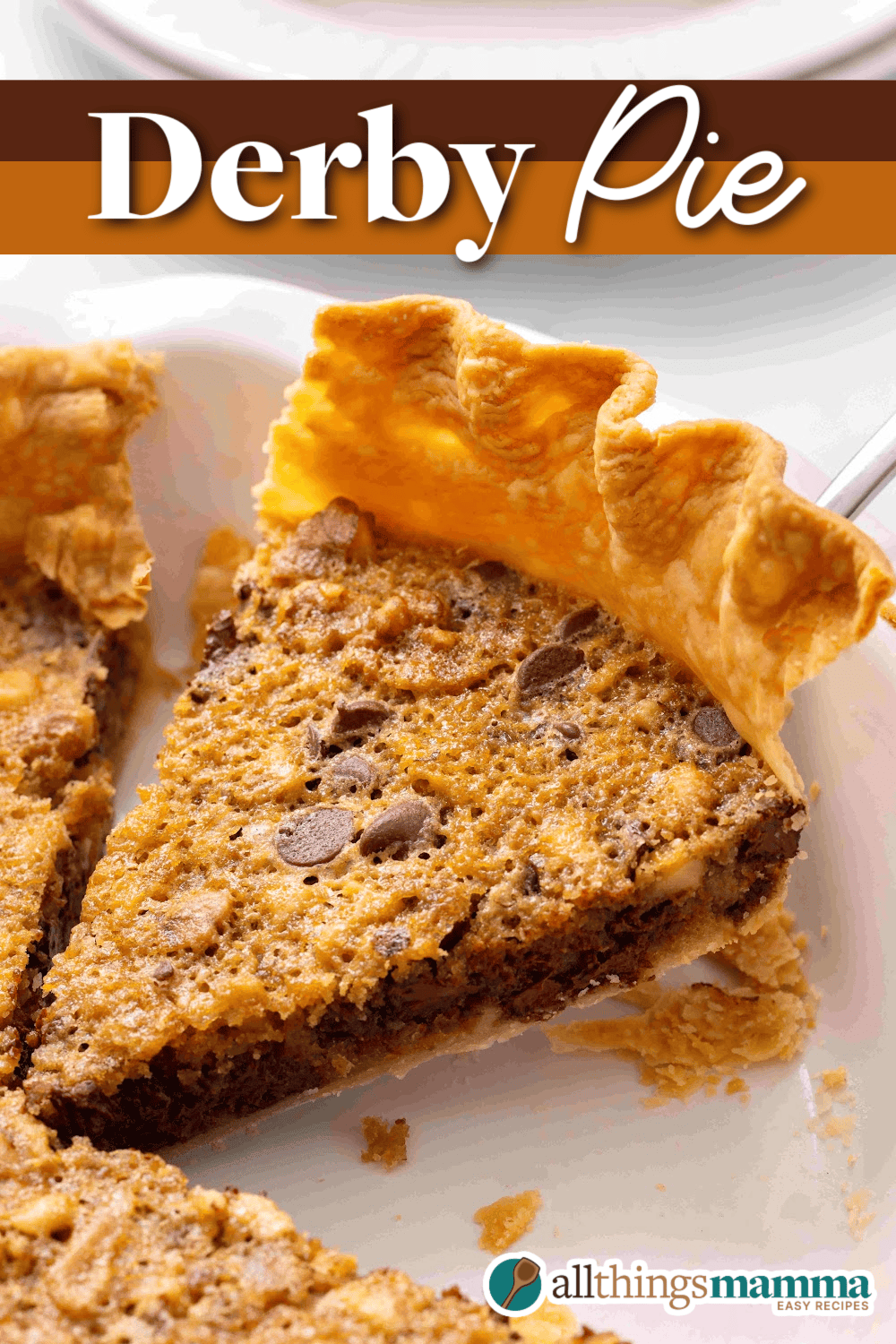 A close-up of a slice of Kentucky Derby Pie with chocolate chips and walnuts, served in a buttery, flaky crust.