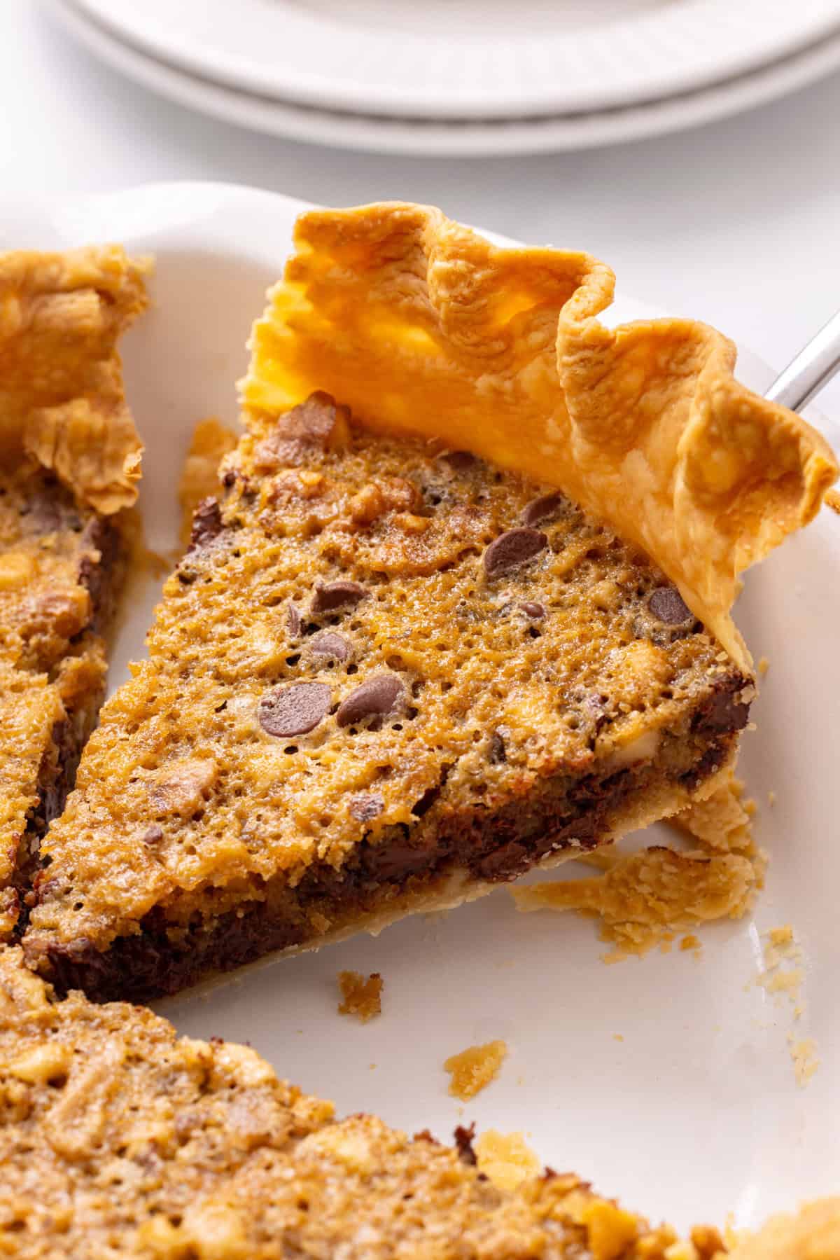 Derby pie slice in a pie pan.