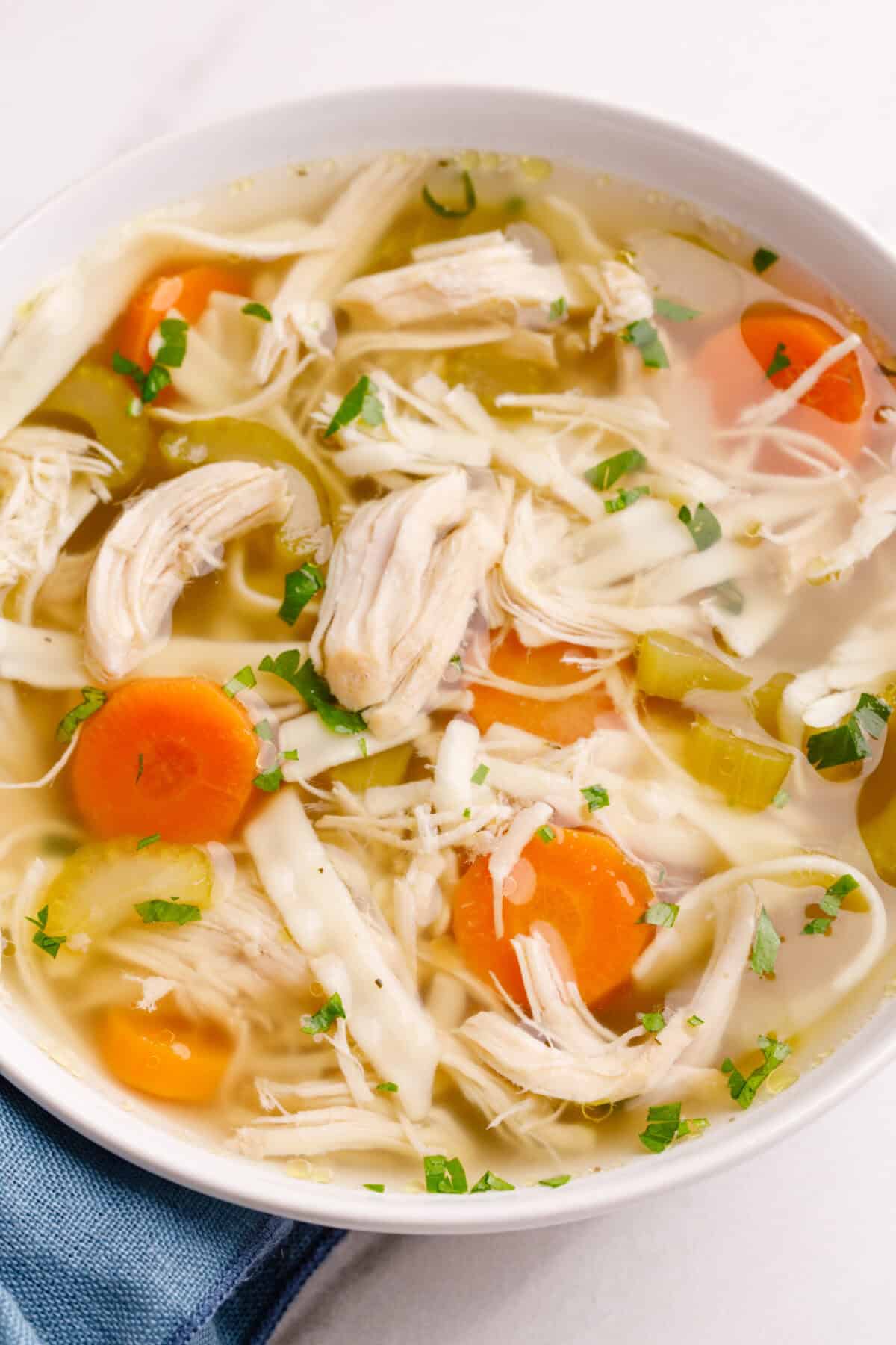 A close up of a bowl of Crockpot Chicken Noodle Soup. 