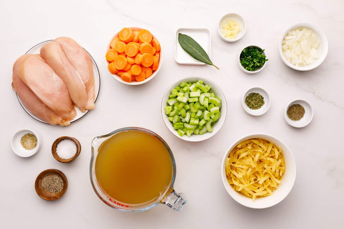 The ingredients needed for Crockpot Chicken Noodle Soup. 
