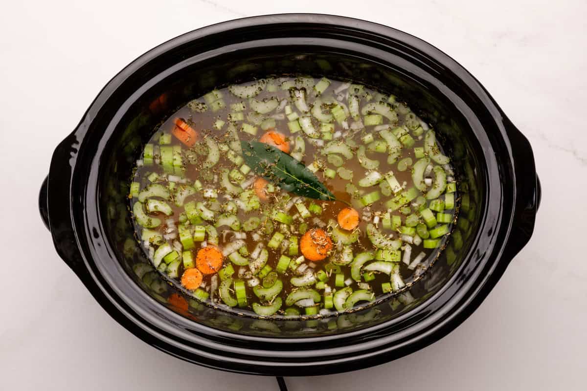 All of the ingredients in a crockpot for Crockpot Chicken Noodle Soup. 