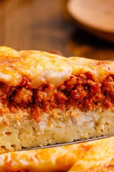 slice of spaghetti pie on a spatula